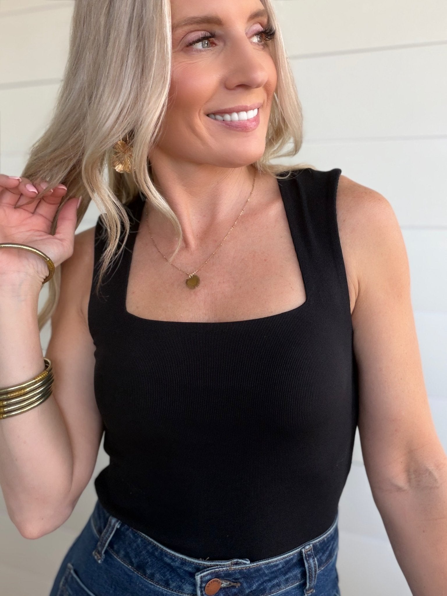 Ribbed Double Layered Square Neck Tank In Black - Infinity Raine
