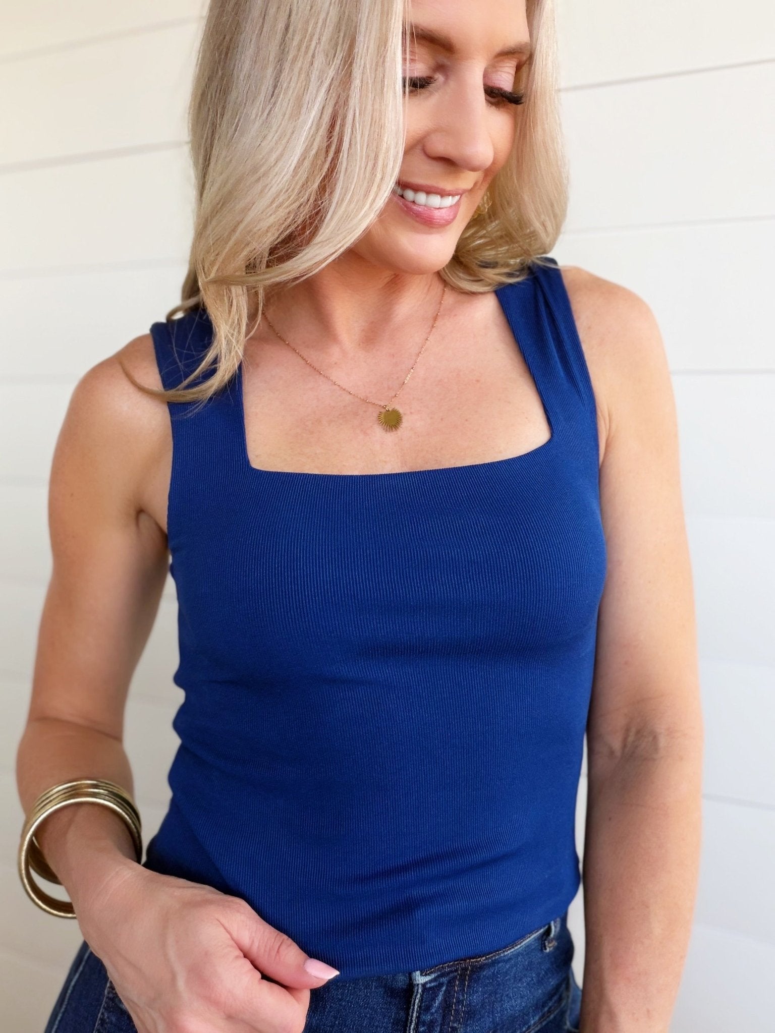 Ribbed Double Layered Square Neck Tank In Lt Navy - Infinity Raine