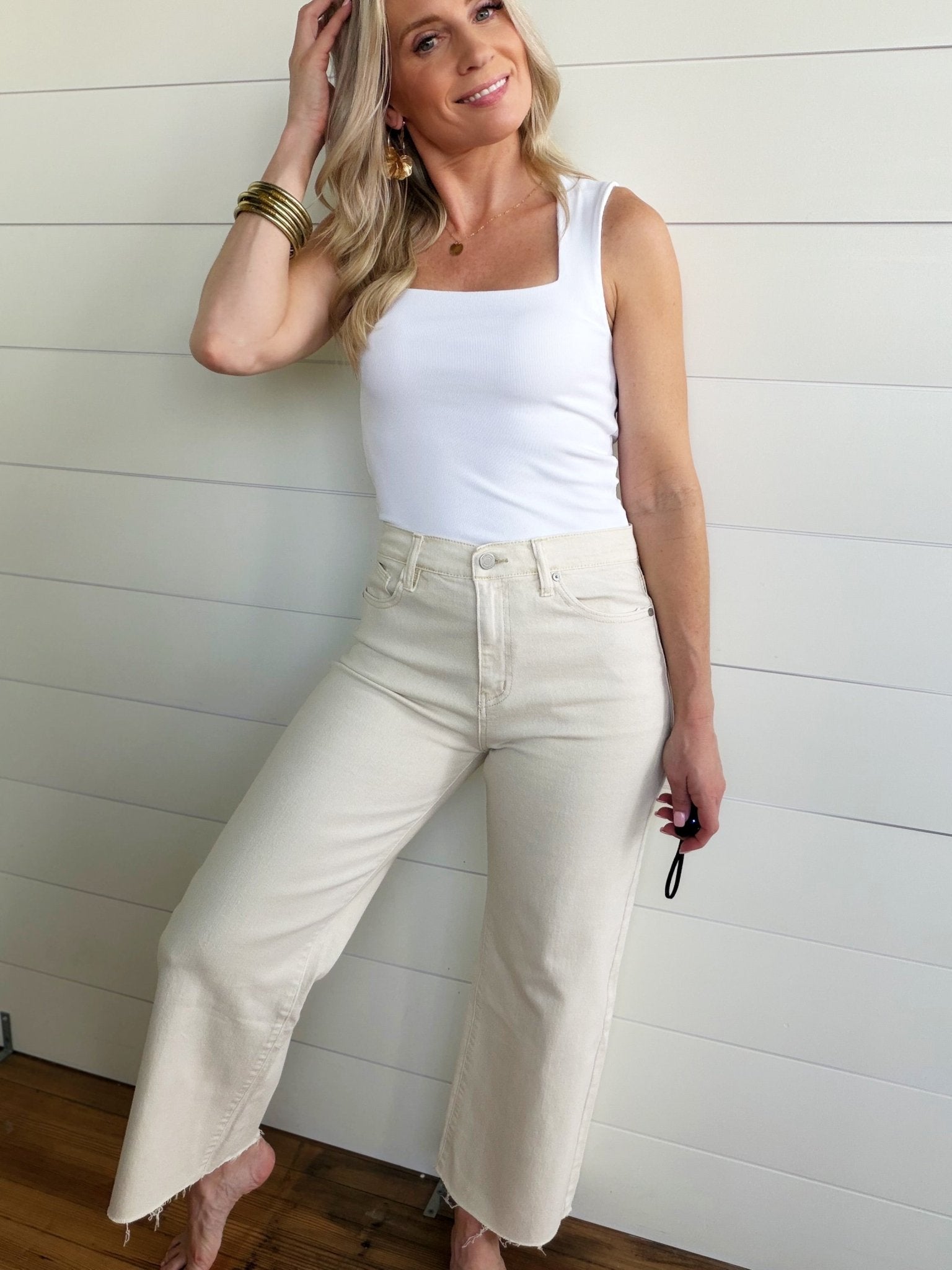 Ribbed Double Layered Square Neck Tank In White - Infinity Raine