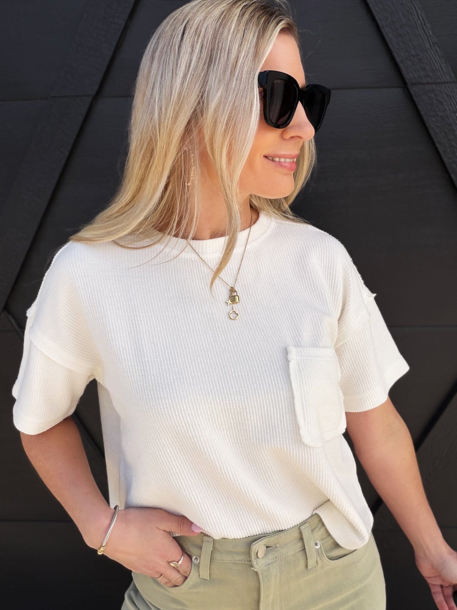 Ribbed Pocket Detail Knit Top In Ivory - Infinity Raine