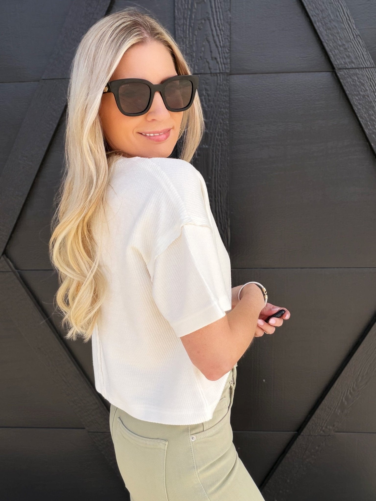 Ribbed Pocket Detail Knit Top In Ivory - Infinity Raine