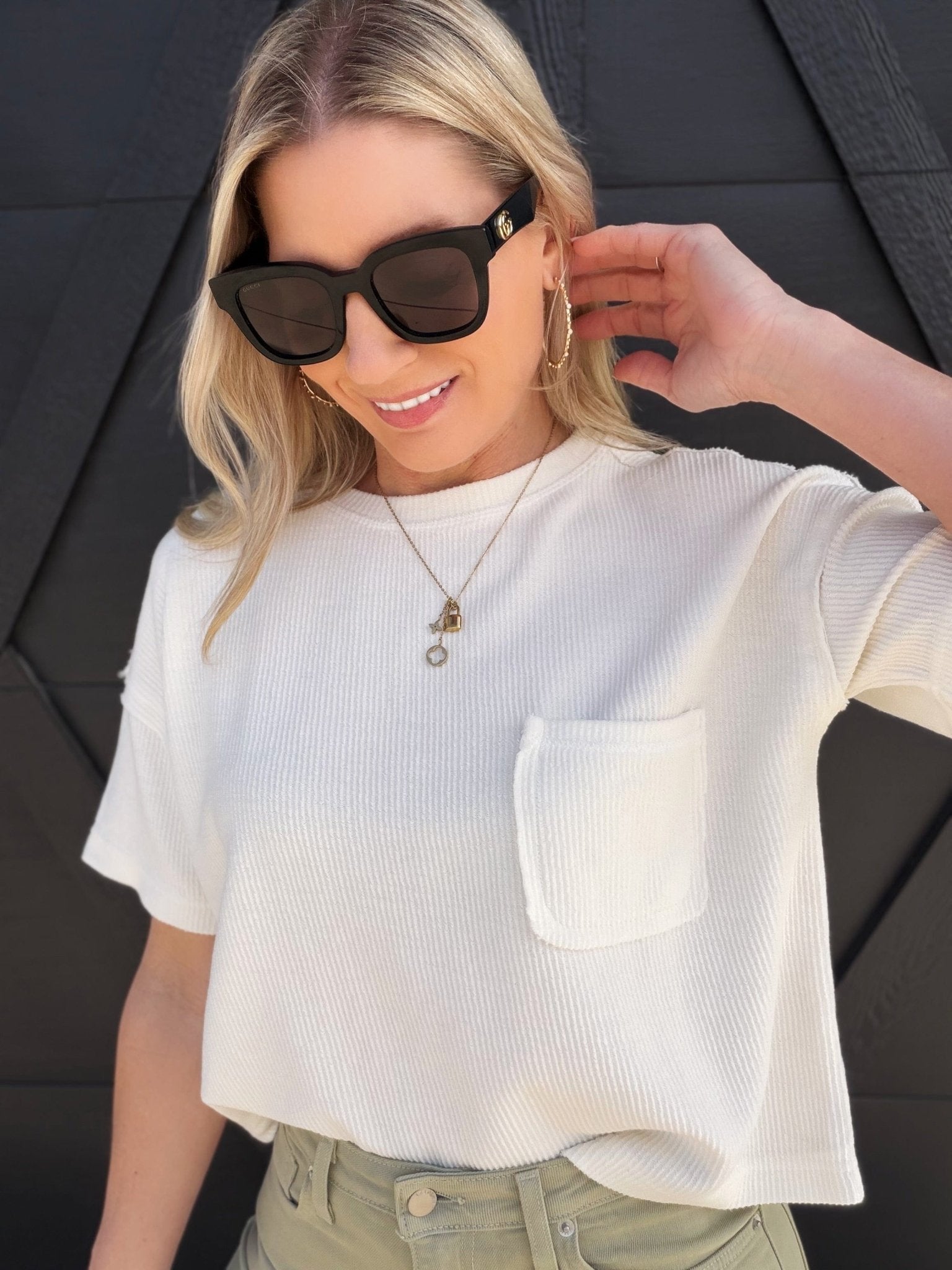 Ribbed Pocket Detail Knit Top In Ivory - Infinity Raine