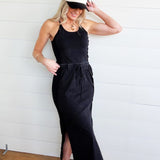 Ribbed Side Slit Maxi Skirt In Ash Black - Infinity Raine