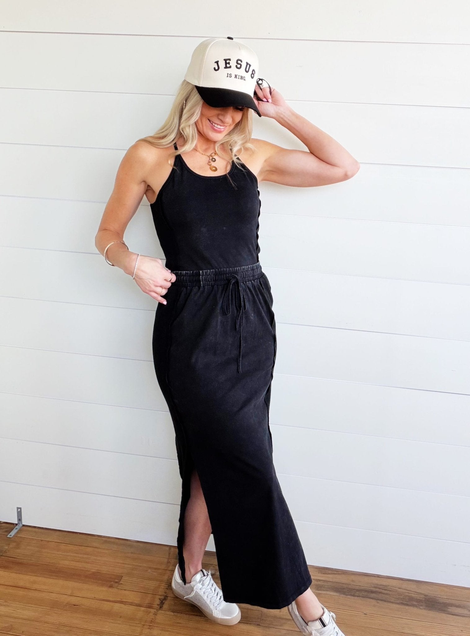 Ribbed Side Slit Maxi Skirt In Ash Black - Infinity Raine