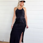 Ribbed Side Slit Maxi Skirt In Ash Black - Infinity Raine