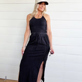 Ribbed Side Slit Maxi Skirt In Ash Black - Infinity Raine