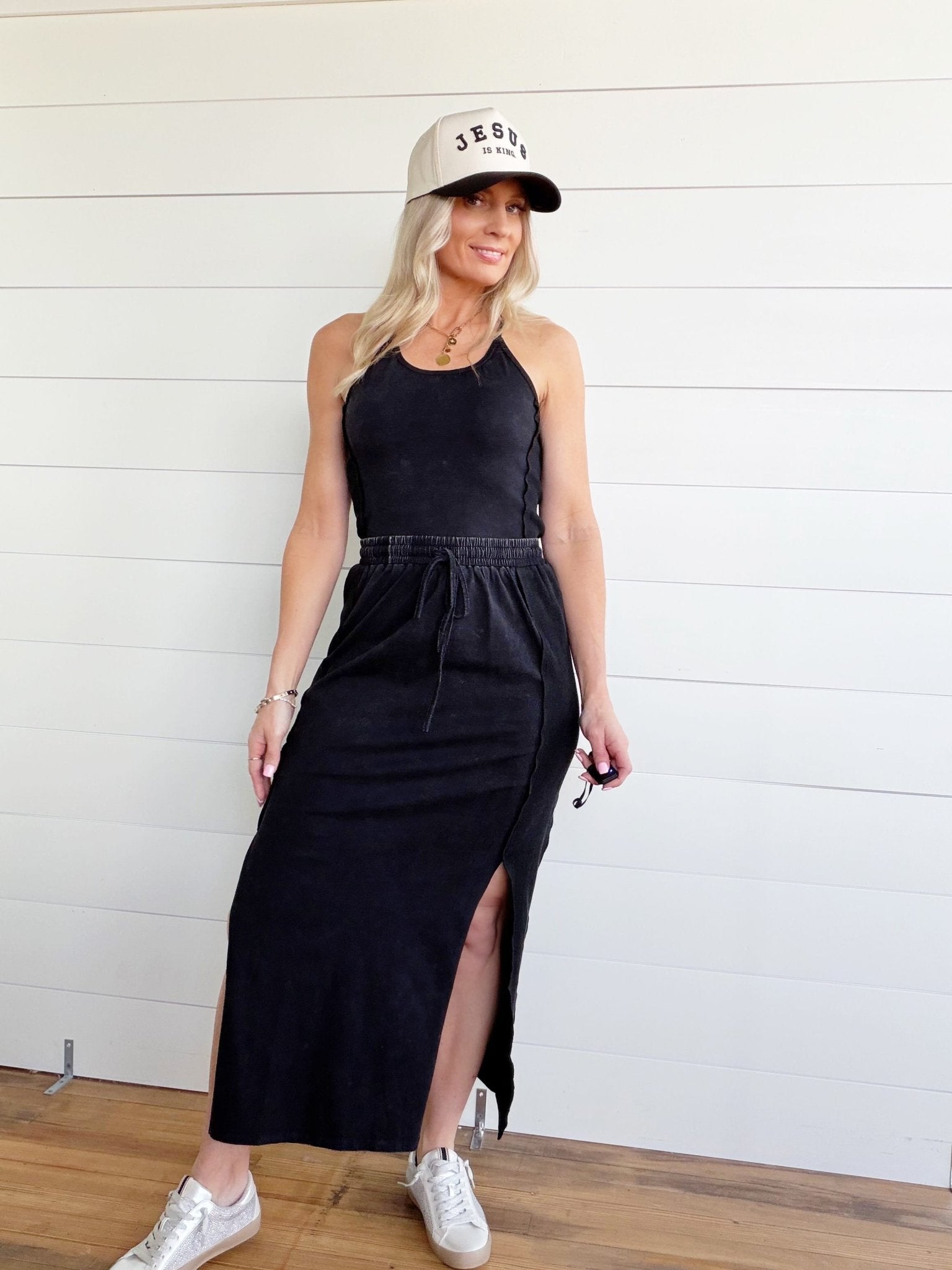 Ribbed Side Slit Maxi Skirt In Ash Black - Infinity Raine