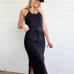Ribbed Side Slit Maxi Skirt In Ash Black - Infinity Raine