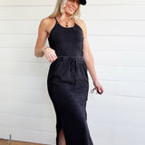 Ribbed Side Slit Maxi Skirt In Ash Black - Infinity Raine