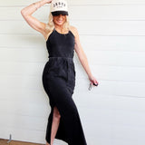 Ribbed Side Slit Maxi Skirt In Ash Black - Infinity Raine