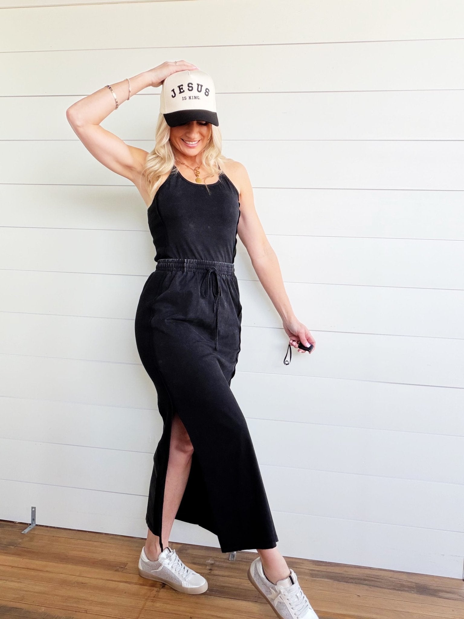 Ribbed Side Slit Maxi Skirt In Ash Black - Infinity Raine