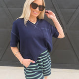 Ribbed Split Neck Short Sleeve Boxy Knit Top - Infinity Raine