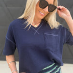 Ribbed Split Neck Short Sleeve Boxy Knit Top - Infinity Raine