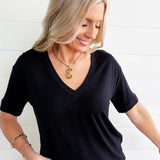 RicherPoorer Linen Jersey V Neck Tee In Black - Infinity Raine