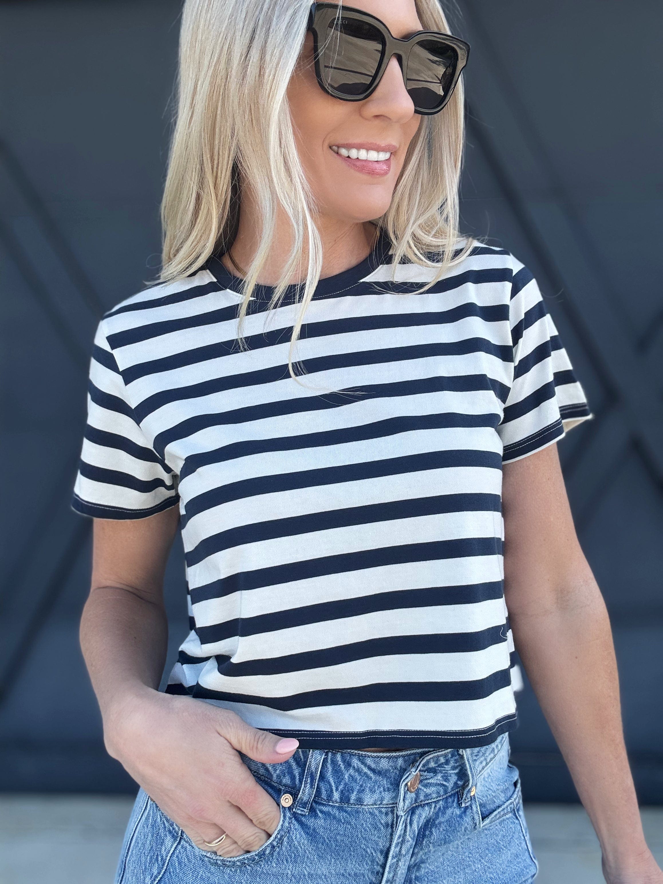 RicherPoorer Pima Boxy Crop Stripe Tee In Nautical Stripe - Infinity Raine
