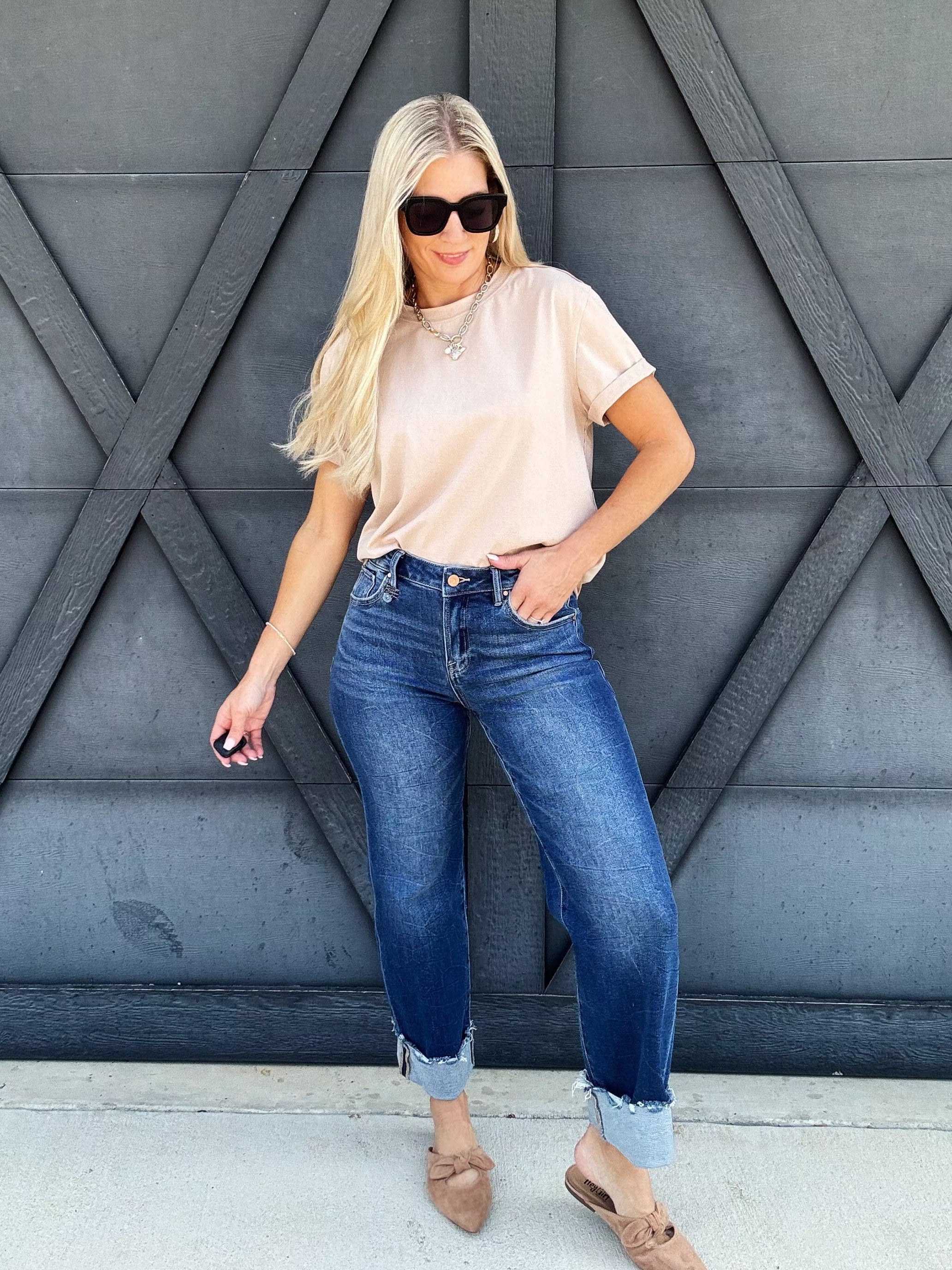 Risen Crop Boyfriend Cuffed Jean In Dark - Infinity Raine