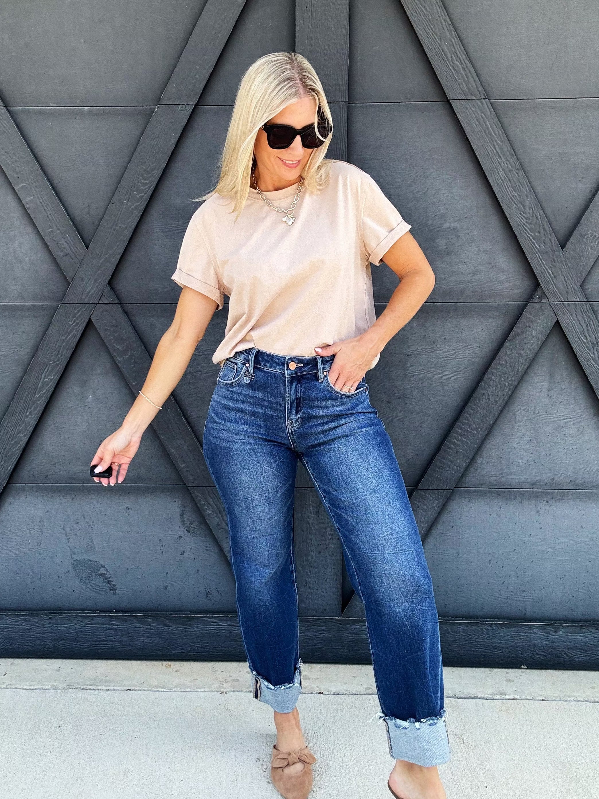 Risen Crop Boyfriend Cuffed Jean In Dark - Infinity Raine