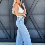 Risen High Waist Wide Leg Pintuck Jeans In Light Denim - Infinity Raine