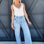 Risen High Waist Wide Leg Pintuck Jeans In Light Denim - Infinity Raine