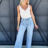 Risen High Waist Wide Leg Pintuck Jeans In Light Denim - Infinity Raine
