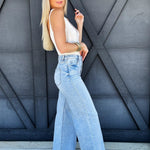 Risen High Waist Wide Leg Pintuck Jeans In Light Denim - Infinity Raine
