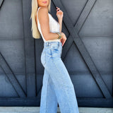 Risen High Waist Wide Leg Pintuck Jeans In Light Denim - Infinity Raine
