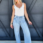 Risen High Waist Wide Leg Pintuck Jeans In Light Denim - Infinity Raine