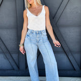 Risen High Waist Wide Leg Pintuck Jeans In Light Denim - Infinity Raine