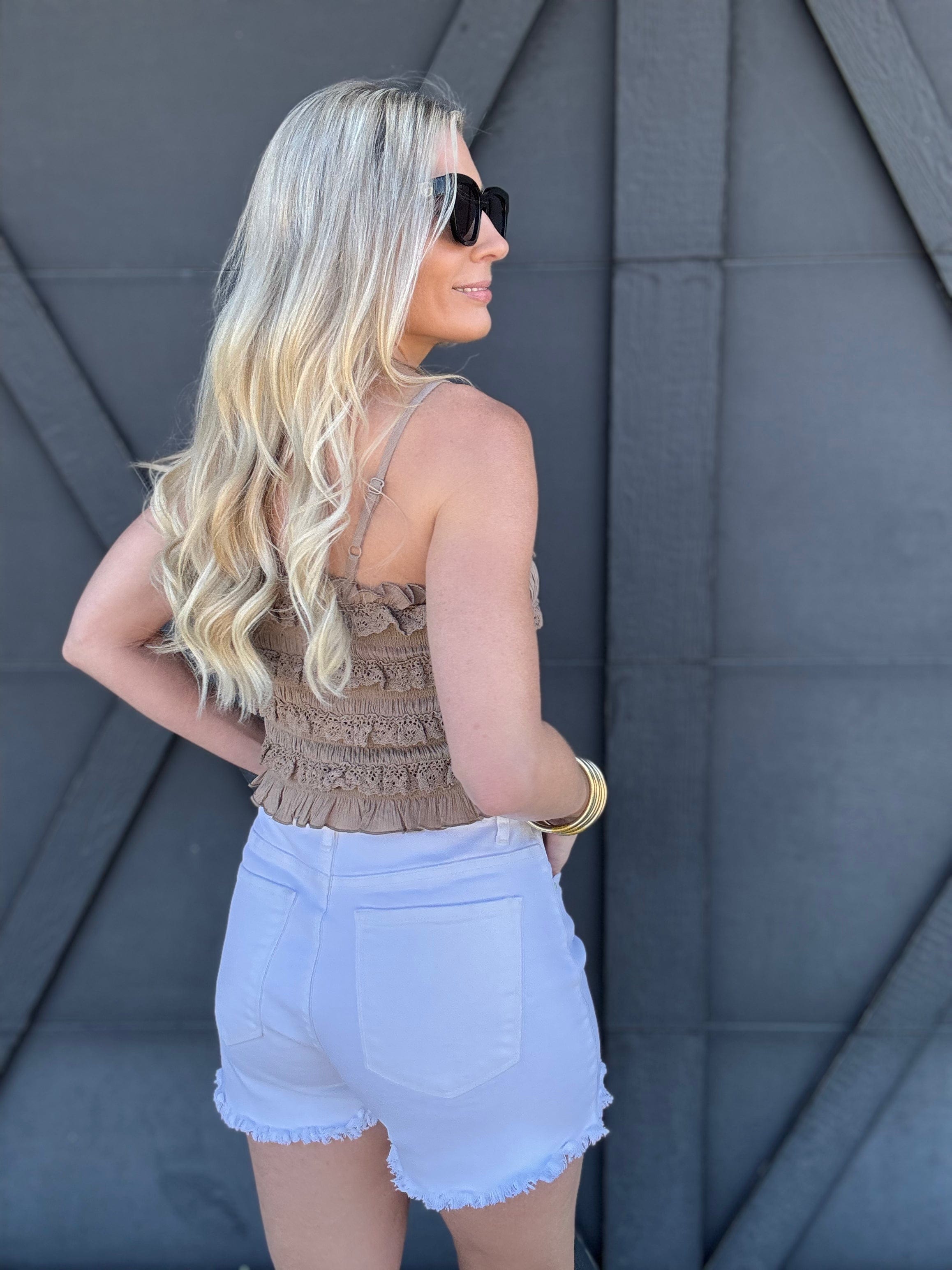 Risen High Rise Fray Hem Shorts In White - Infinity Raine