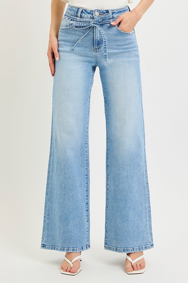 Risen High Rise Wide Jeans With Waist String Details In Light - Infinity Raine
