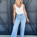Risen High Waist Wide Leg Pintuck Jeans In Light Denim - Infinity Raine