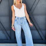 Risen High Waist Wide Leg Pintuck Jeans In Light Denim - Infinity Raine