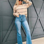 Risen High Rise Front Patch Pocket Bell Bottom Jeans-Medium Wash - Infinity Raine