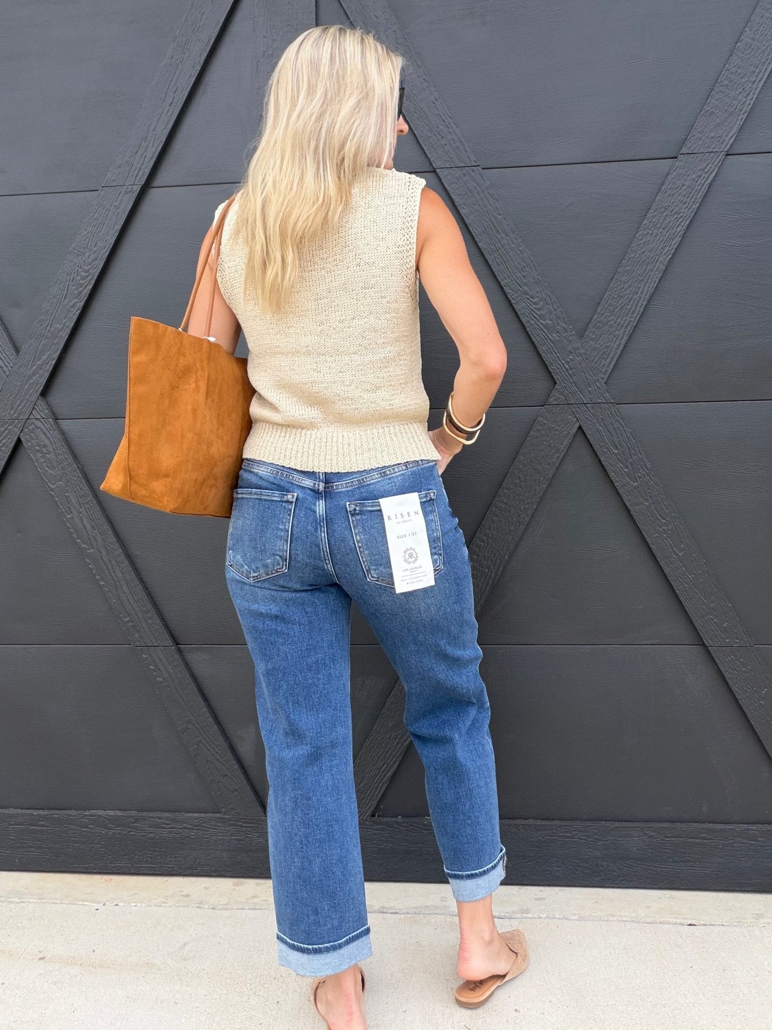 RisenMid Rise Ankle Boyfriend Turn Up Cuffed Jeans In Dark - Infinity Raine