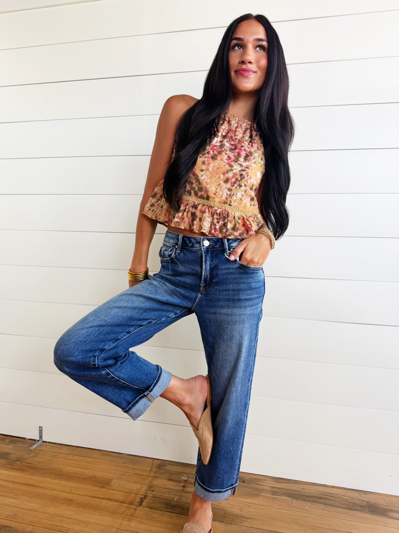 RisenMid Rise Ankle Boyfriend Turn Up Cuffed Jeans In Dark - Infinity Raine