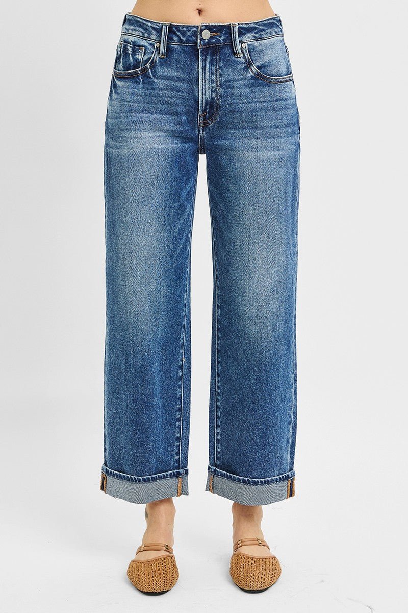 RisenMid Rise Ankle Boyfriend Turn Up Cuffed Jeans In Dark - Infinity Raine