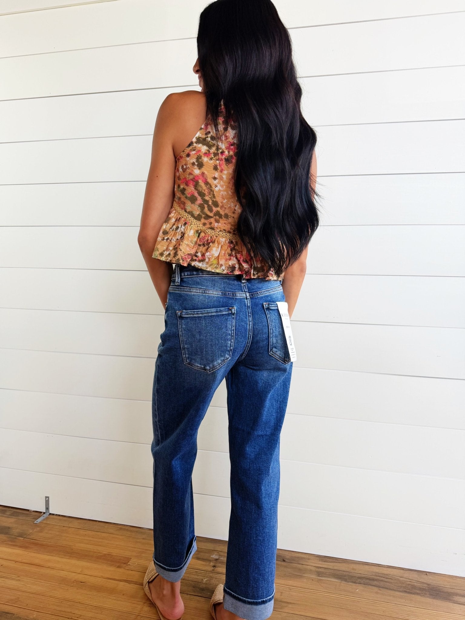 RisenMid Rise Ankle Boyfriend Turn Up Cuffed Jeans In Dark - Infinity Raine