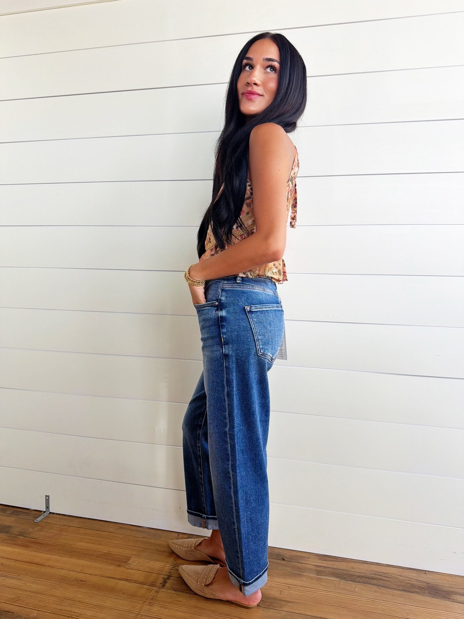 RisenMid Rise Ankle Boyfriend Turn Up Cuffed Jeans In Dark - Infinity Raine