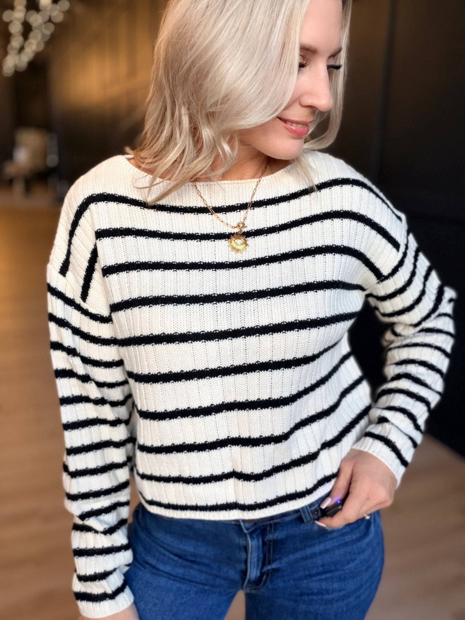 Rosalind Striped Crop Sweater In Cream Black - Infinity Raine