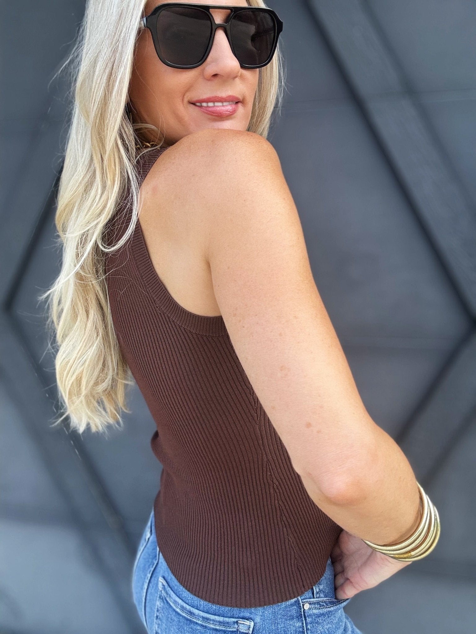 Round Neck Ribbed Tank In Brown - Infinity Raine