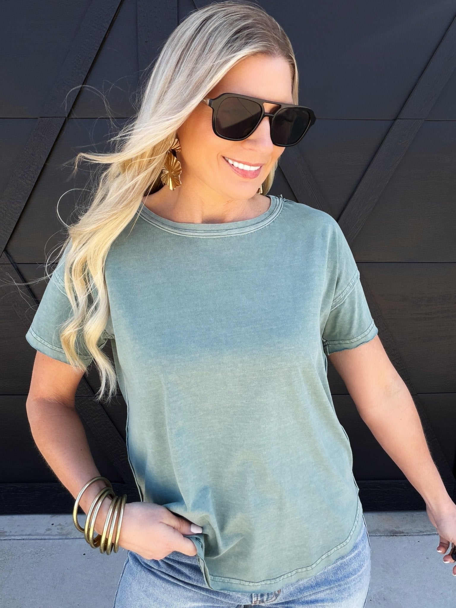 Round Neck Short Sleeve Exposed Seam Knit Top In Green - Infinity Raine