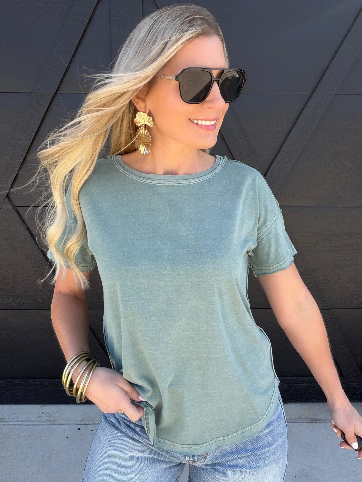 Round Neck Short Sleeve Exposed Seam Knit Top In Green - Infinity Raine