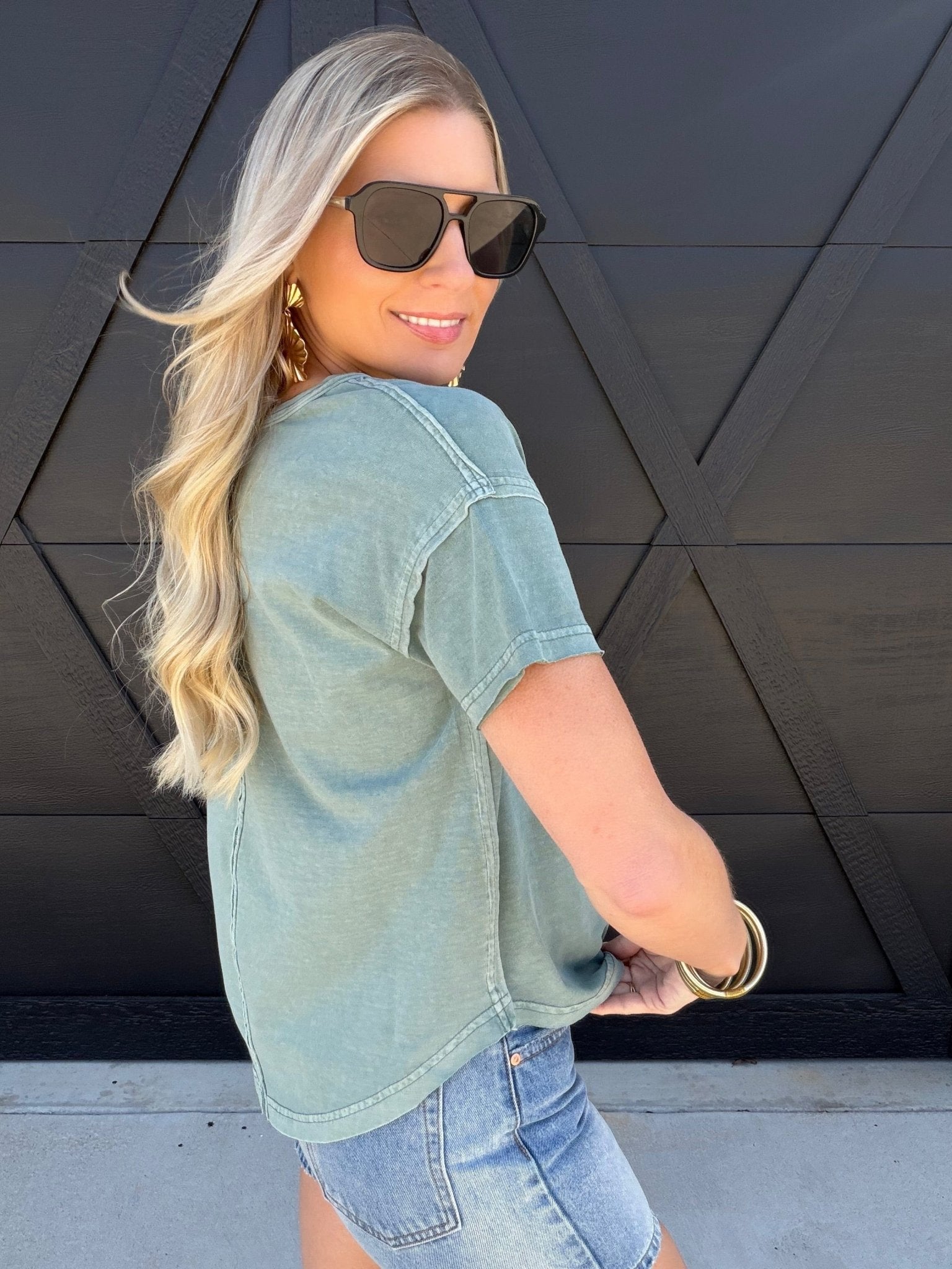 Round Neck Short Sleeve Exposed Seam Knit Top In Green - Infinity Raine