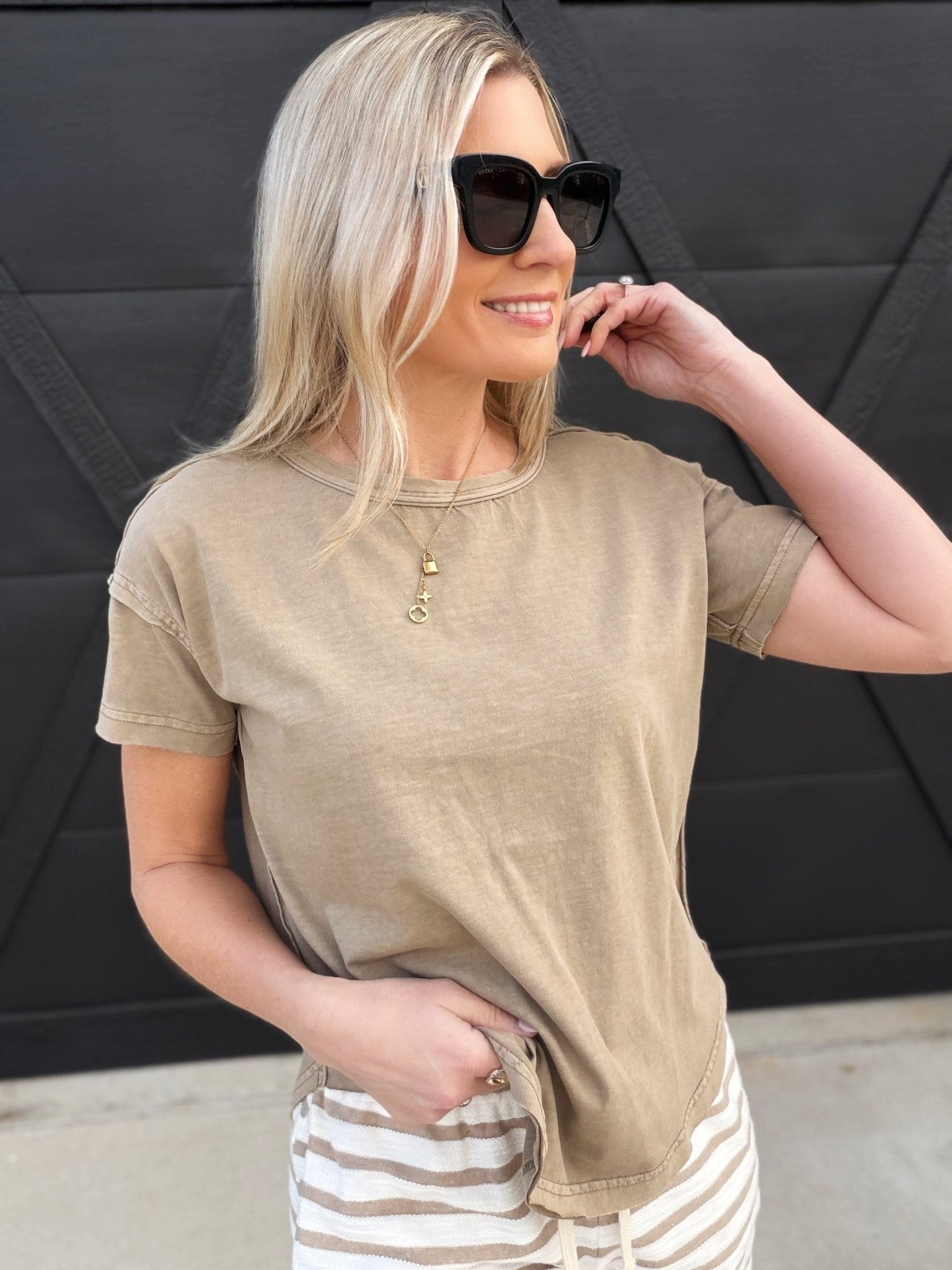 Round Neck Short Sleeve Exposed Seam Knit Top In Mocha - Infinity Raine