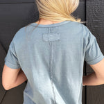 Round Neck Short Sleeve Exposed Seam Knit Top In Slate Blue - Infinity Raine