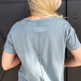 Round Neck Short Sleeve Exposed Seam Knit Top In Slate Blue - Infinity Raine