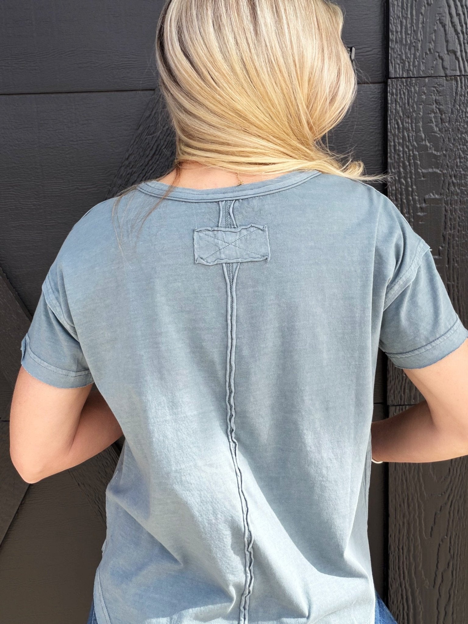 Round Neck Short Sleeve Exposed Seam Knit Top In Slate Blue - Infinity Raine