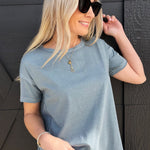 Round Neck Short Sleeve Exposed Seam Knit Top In Slate Blue - Infinity Raine
