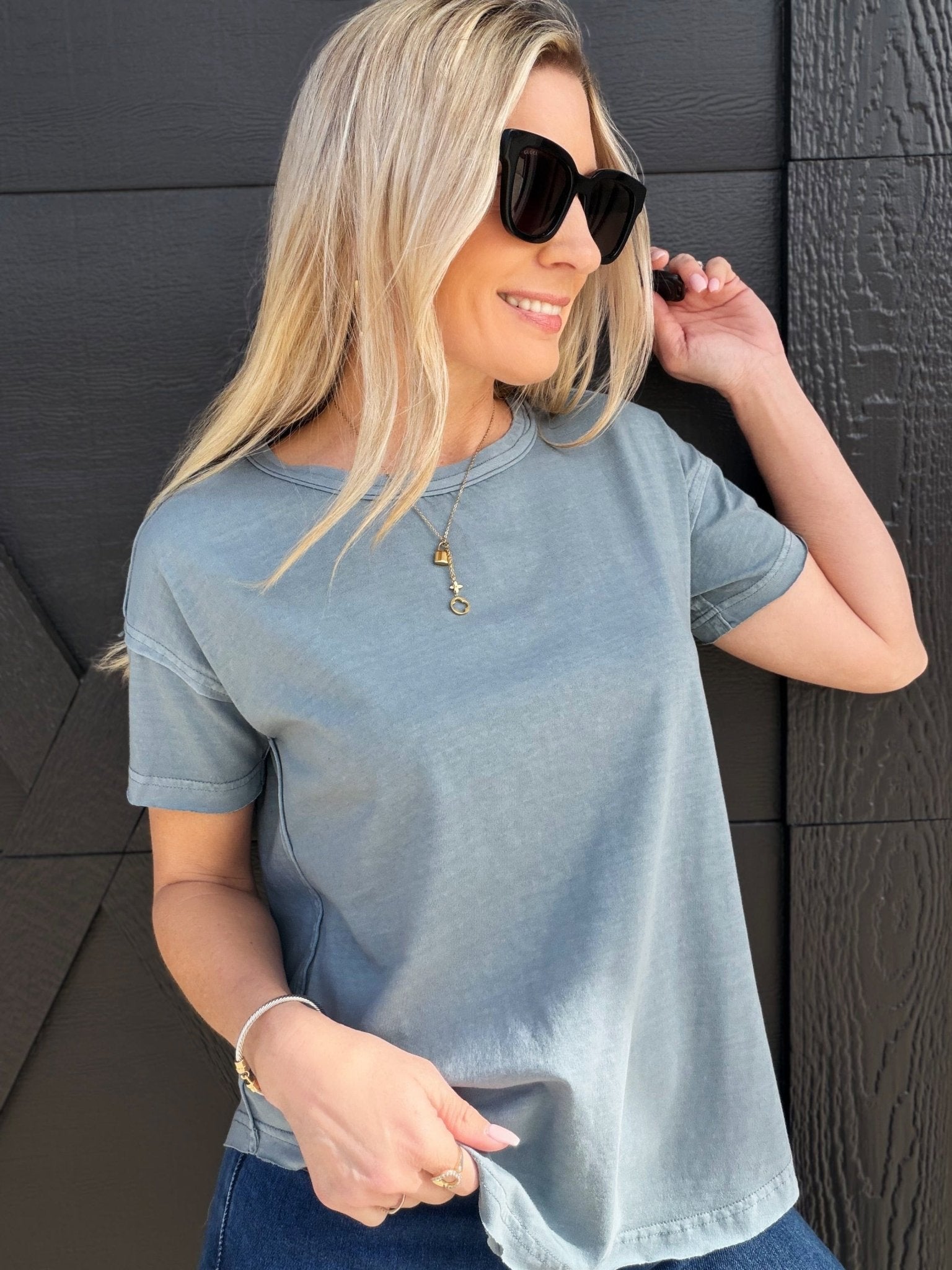 Round Neck Short Sleeve Exposed Seam Knit Top In Slate Blue - Infinity Raine