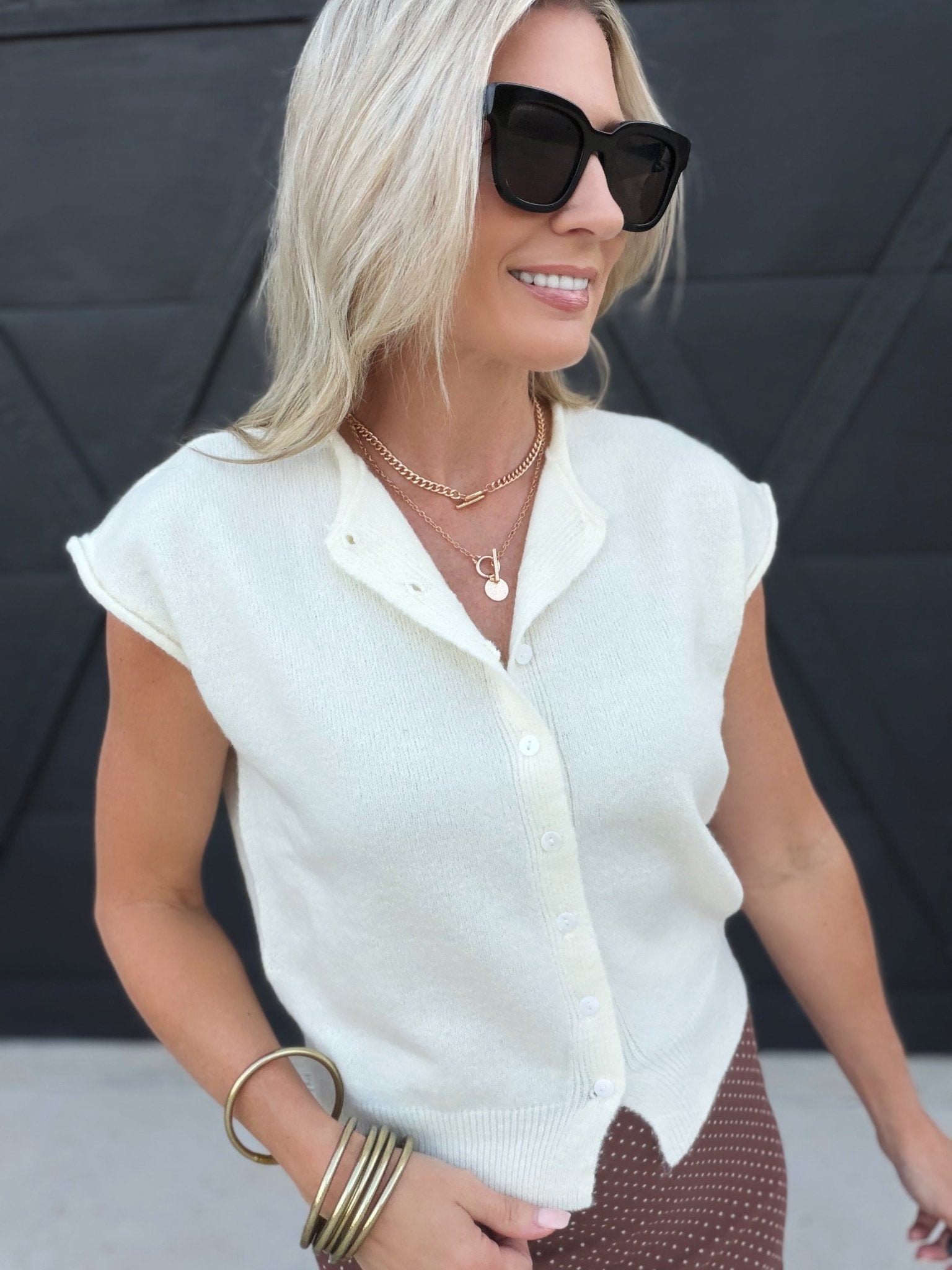 Round Neck Sleeveless Button Down Knit Cardigan in Ivory - Infinity Raine